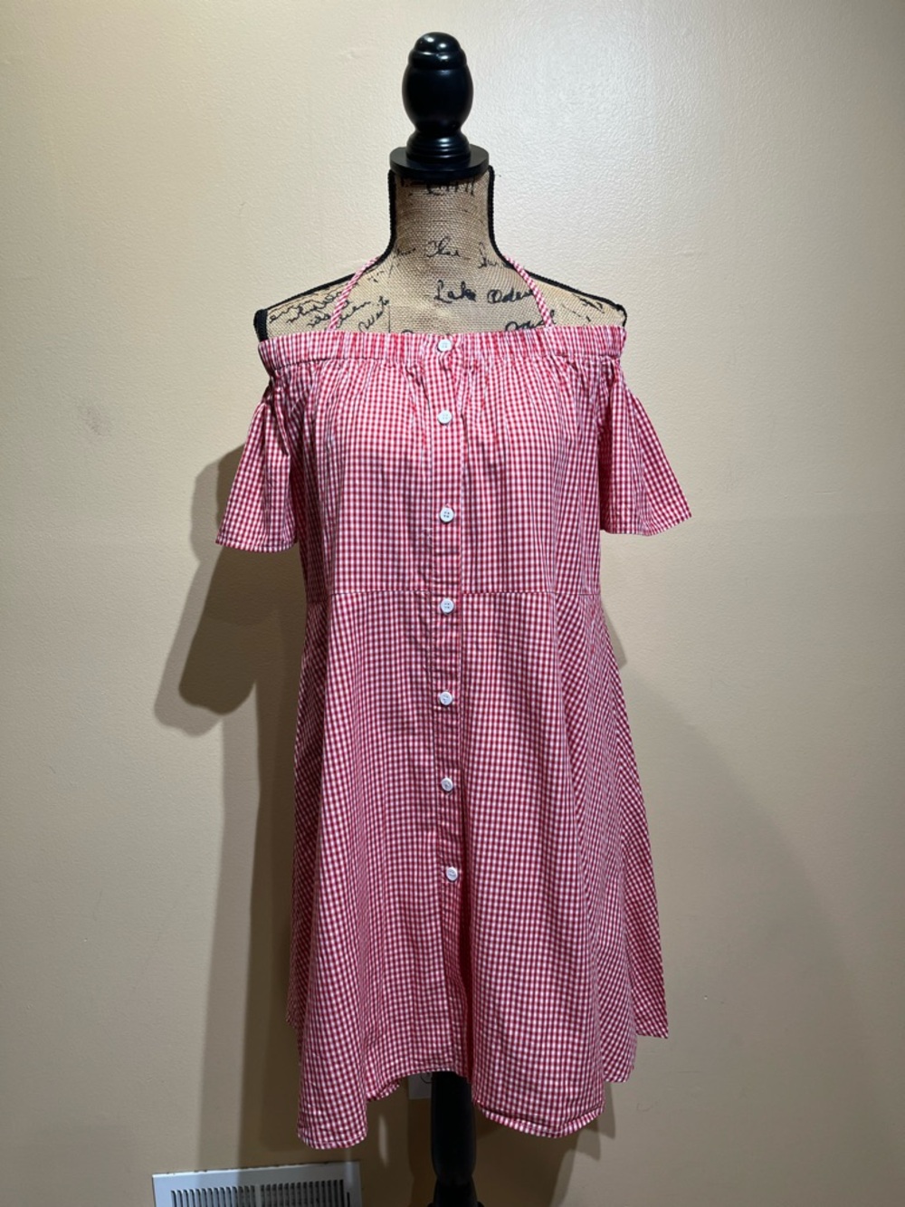 Red Gingham Plaid Off-Shoulder Button-Front Dress